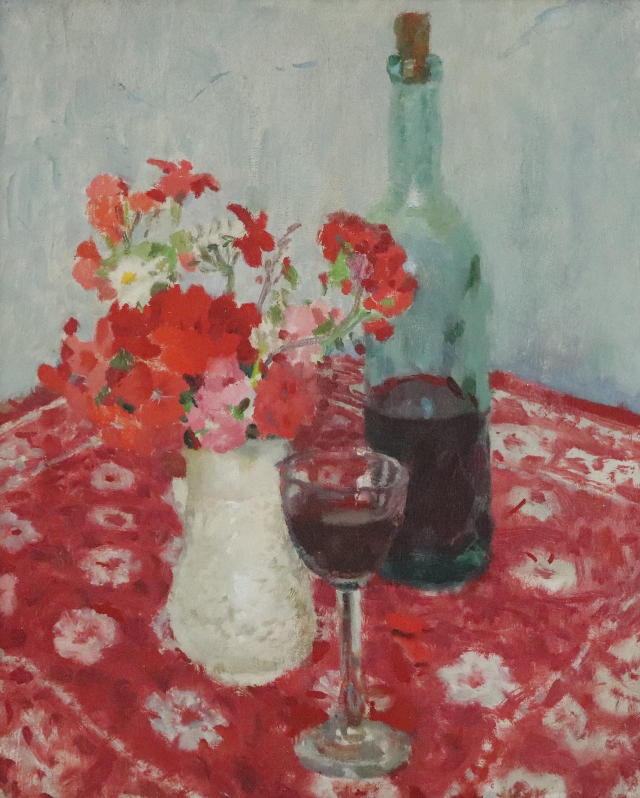 "Still Life with Glass, Wine Bottle and Flowers in a Vase" by  Alethea Garstin